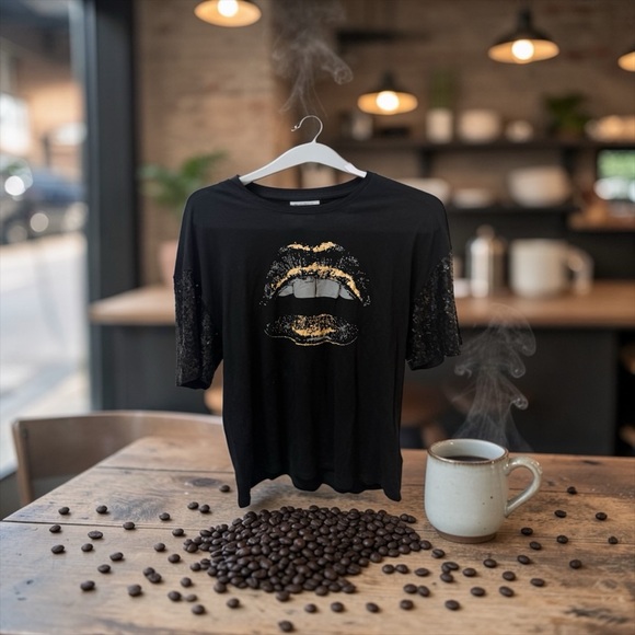 Express Tops - Express Black Sequin Graphic Short Sleeve Tee with Gold Accent Size Small